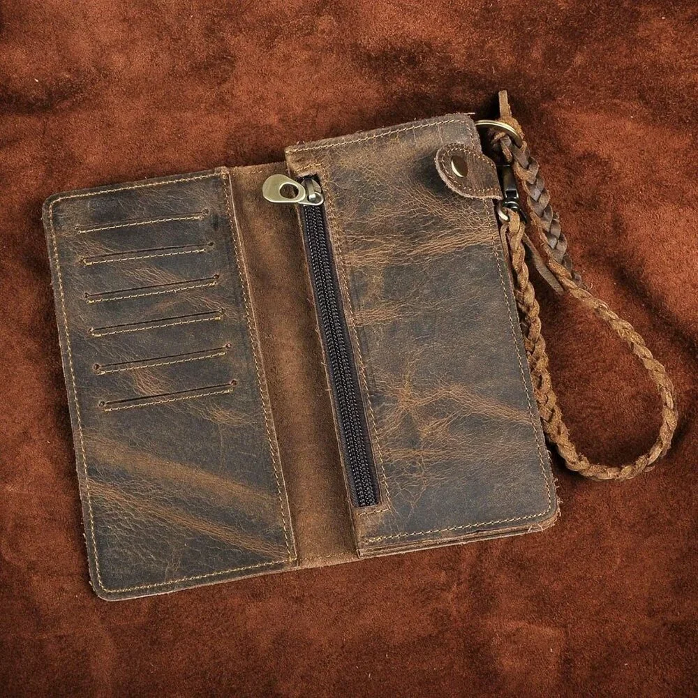 ✨Le'aokuu Men Brown Genuine Leather Organizer Checkbook Removable Chain Wallet